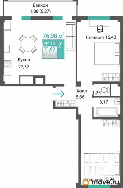 2-комн. квартира, 71.69 м&sup2;