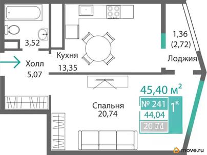 1-комн. квартира, 44.04 м&sup2;