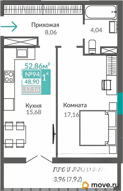 1-комн. квартира, 48.9 м&sup2;