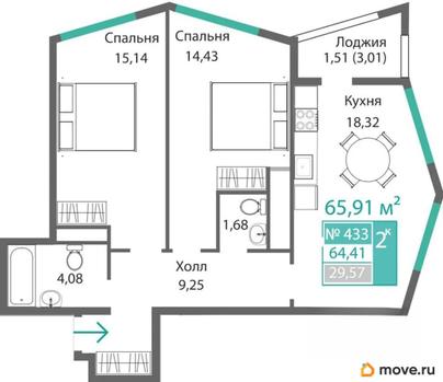 2-комн. квартира, 64.41 м&sup2;