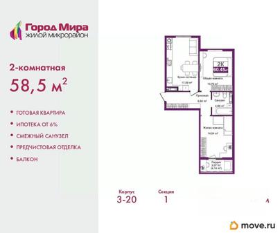 2-комн. квартира, 58.5 м&sup2;