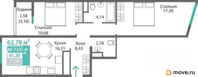 2-комн. квартира, 61.2 м&sup2;