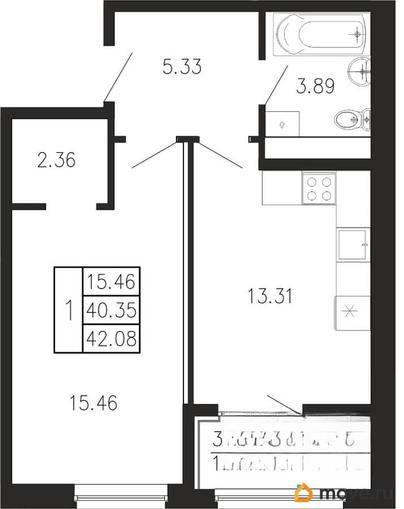 1-комн. квартира, 42.08 м&sup2;
