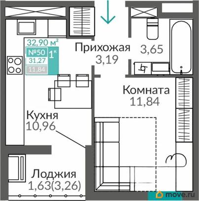 1-комн. квартира, 31.27 м&sup2;