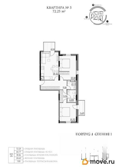 2-комн. квартира, 72.25 м&sup2;