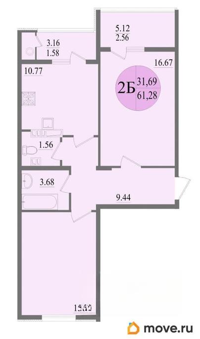 2-комн. квартира, 61.63 м&sup2;
