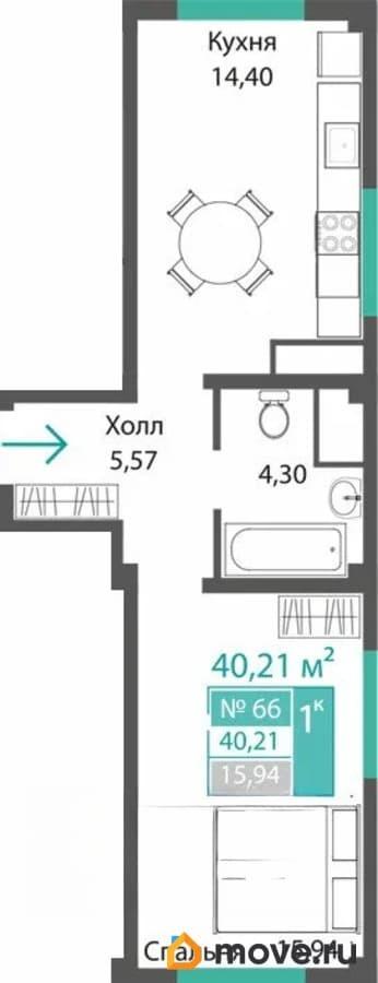 1-комн. квартира, 40.21 м&sup2;