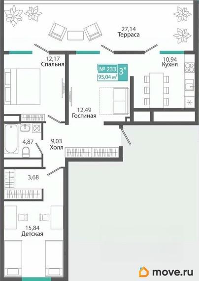 3-комн. квартира, 95.04 м&sup2;
