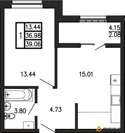 1-комн. квартира, 39.06 м&sup2;