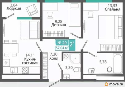 2-комн. квартира, 57.04 м&sup2;