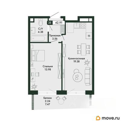 2-комн. квартира, 42.91 м&sup2;