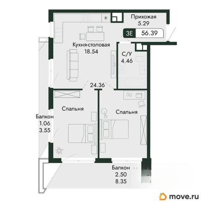 3-комн. квартира, 56.39 м&sup2;