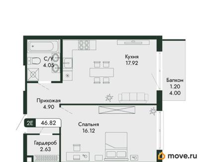 2-комн. квартира, 46.82 м&sup2;