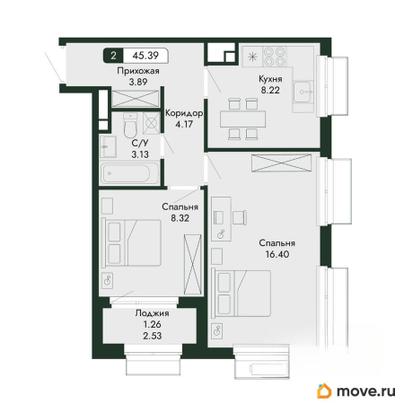 2-комн. квартира, 45.39 м&sup2;