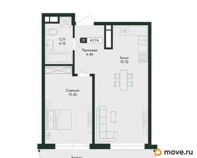 2-комн. квартира, 43.94 м&sup2;