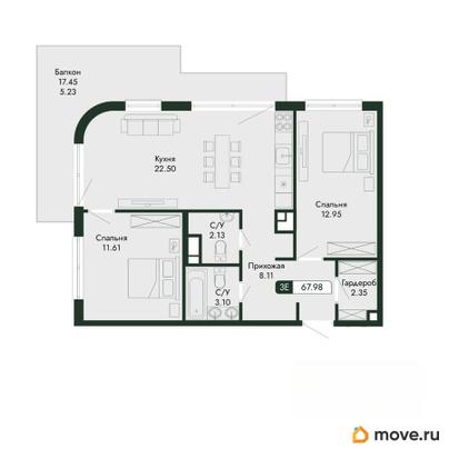 3-комн. квартира, 67.98 м&sup2;