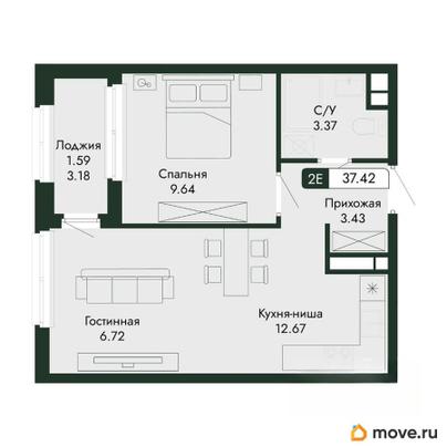 2-комн. квартира, 37.42 м&sup2;