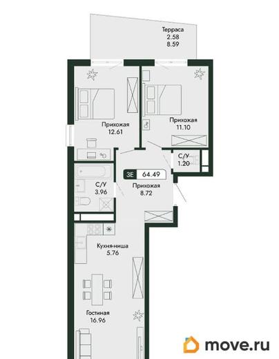 3-комн. квартира, 64.49 м&sup2;