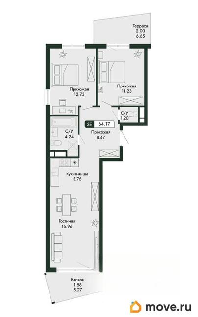 3-комн. квартира, 64.17 м&sup2;