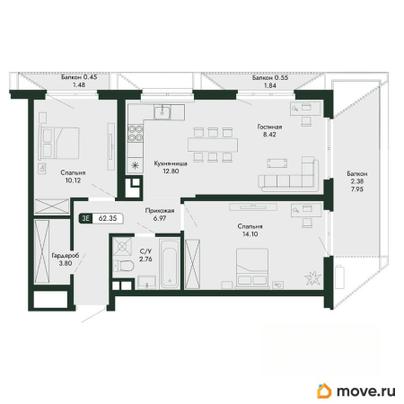 3-комн. квартира, 62.35 м&sup2;