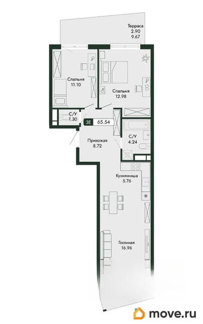 3-комн. квартира, 65.54 м&sup2;