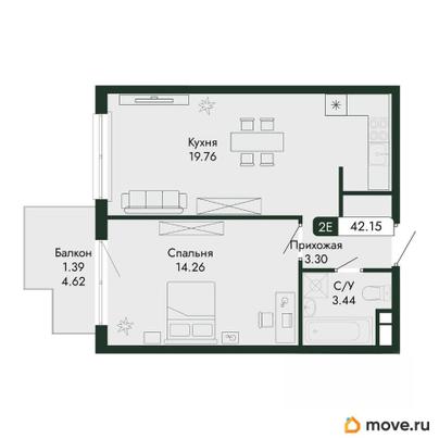 2-комн. квартира, 42.15 м&sup2;