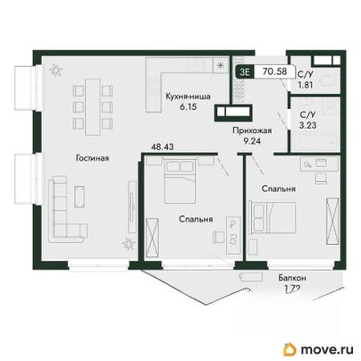 3-комн. квартира, 70.58 м&sup2;