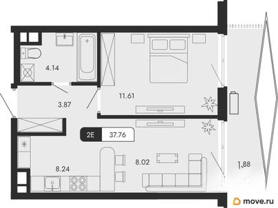 2-комн. квартира, 37.76 м&sup2;