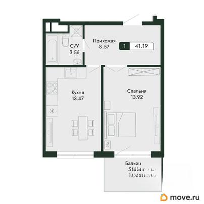 2-комн. квартира, 41.19 м&sup2;