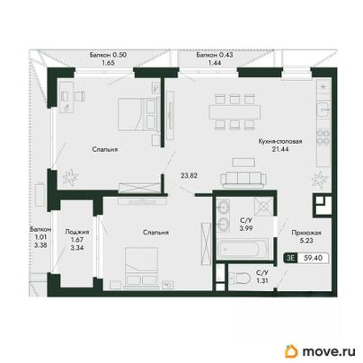 3-комн. квартира, 59.4 м&sup2;