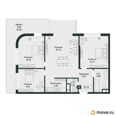 4-комн. квартира, 87.24 м&sup2;