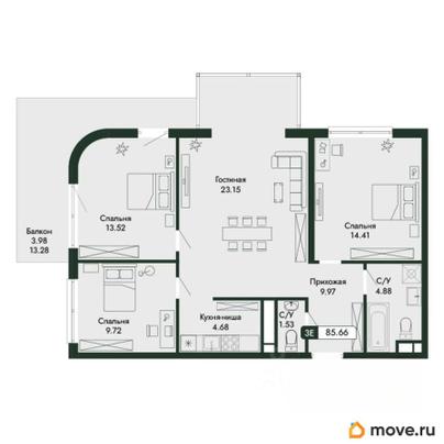 4-комн. квартира, 85.66 м&sup2;