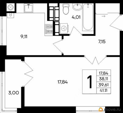 1-комн. квартира, 41.39 м&sup2;