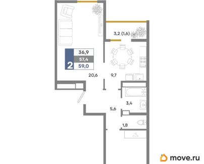 2-комн. квартира, 59 м&sup2;