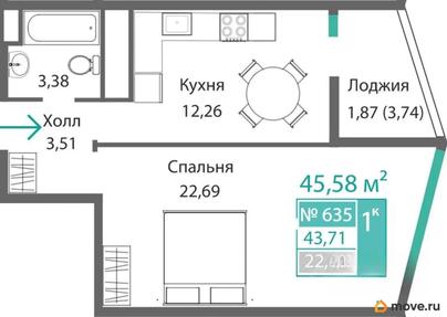 1-комн. квартира, 43.71 м&sup2;