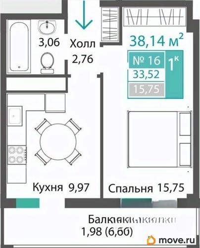 1-комн. квартира, 33.52 м&sup2;