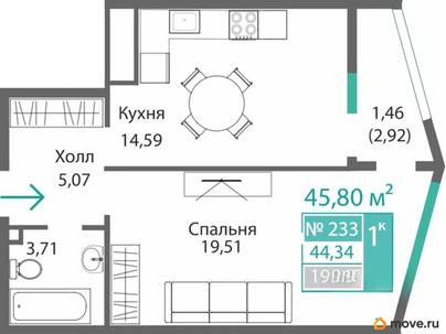 1-комн. квартира, 44.34 м&sup2;