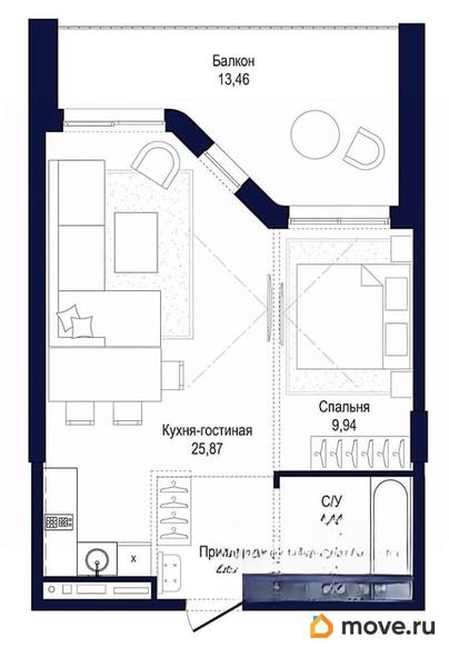 1-комн. апартаменты, 57.79 м&sup2;