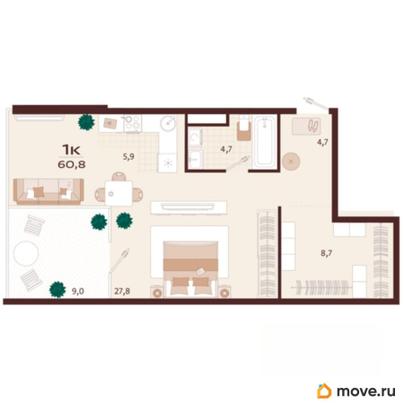 студия, 60.8 м&sup2;