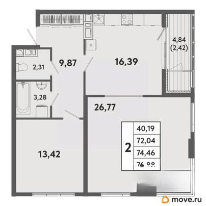 2-комн. квартира, 74.46 м&sup2;