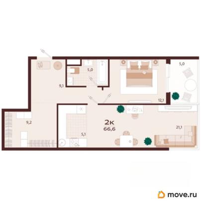 2-комн. квартира, 66.6 м&sup2;