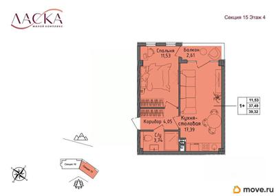 1-комн. квартира, 37.49 м&sup2;