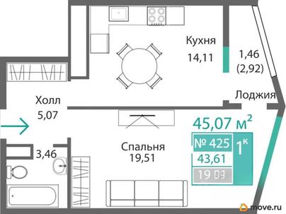 1-комн. квартира, 43.61 м&sup2;