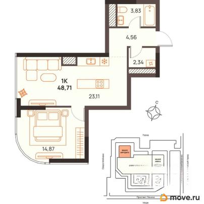 1-комн. квартира, 48.71 м&sup2;