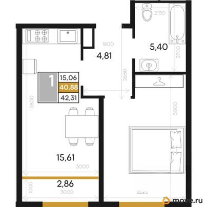 1-комн. квартира, 42.31 м&sup2;