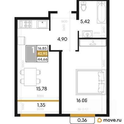 1-комн. квартира, 44.66 м&sup2;