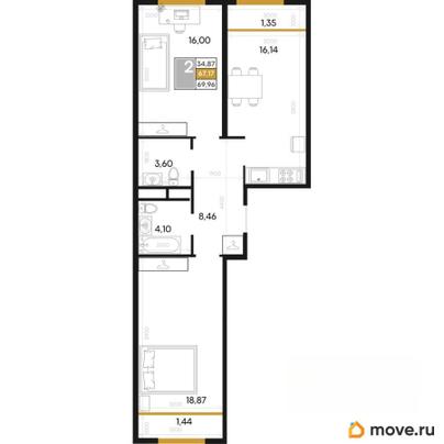 2-комн. квартира, 69.96 м&sup2;