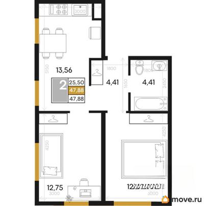2-комн. квартира, 47.88 м&sup2;