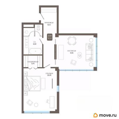 1-комн. апартаменты, 70.42 м&sup2;
