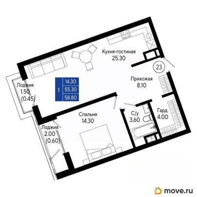 1-комн. квартира, 58.8 м&sup2;